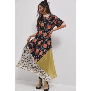 Anthropologie Black Maxi Dress with Floral, Yellow and Cream Panels